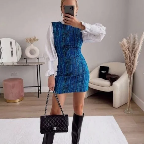 ZARA Blue Textured Mini Dress - Picture 1 of 13